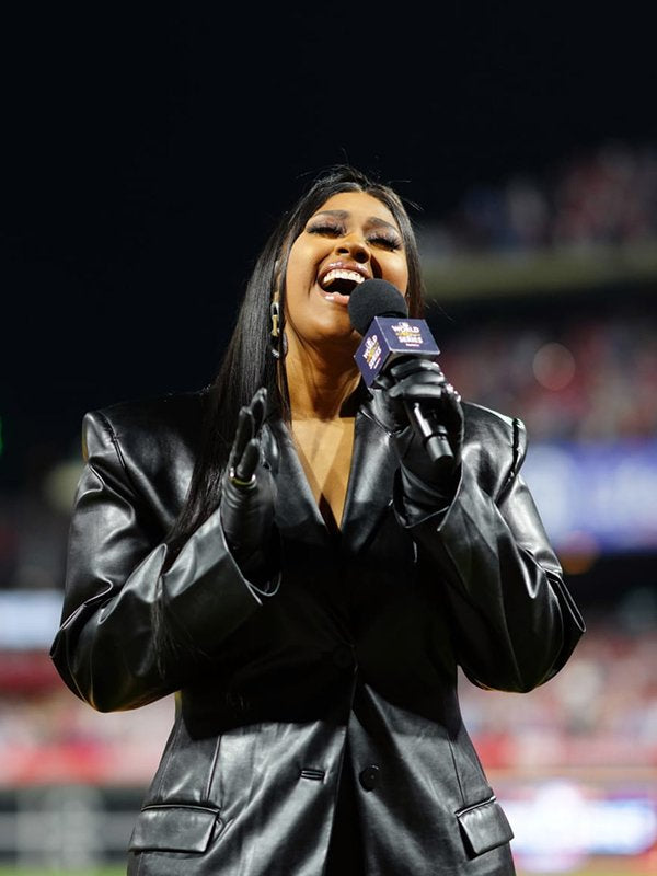 World Series Game Jazmine Sullivan Black Leather Coat