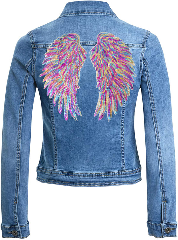 Women Angel Wings Blue Denim Jacket