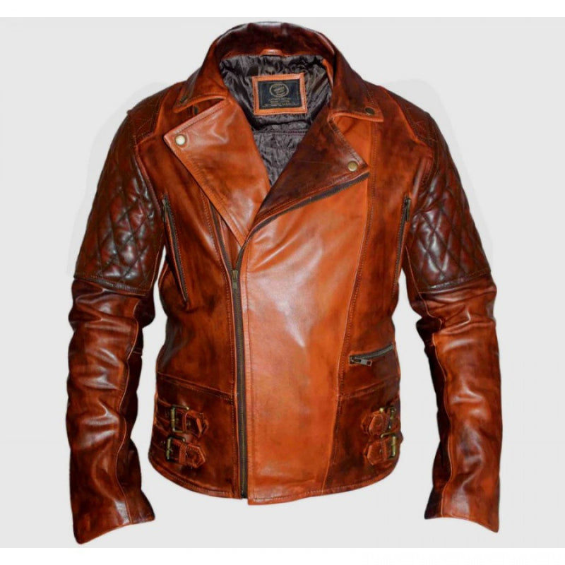 Classic Diamond Biker Brown Distressed Leather Jacket