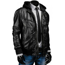 Mens Slim Fit Black Leather Jacket with Hood