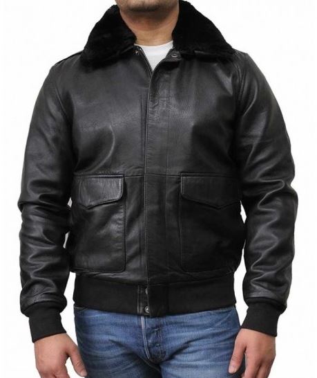 Bomber Black Men Fur Leather Jacket