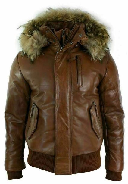 Bomber Brown Hooded Men Fur Leather Jacket