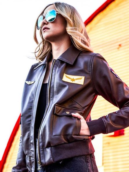 Brie Larson Captain Marvel Aviator Brown Bomber Leather Jacket