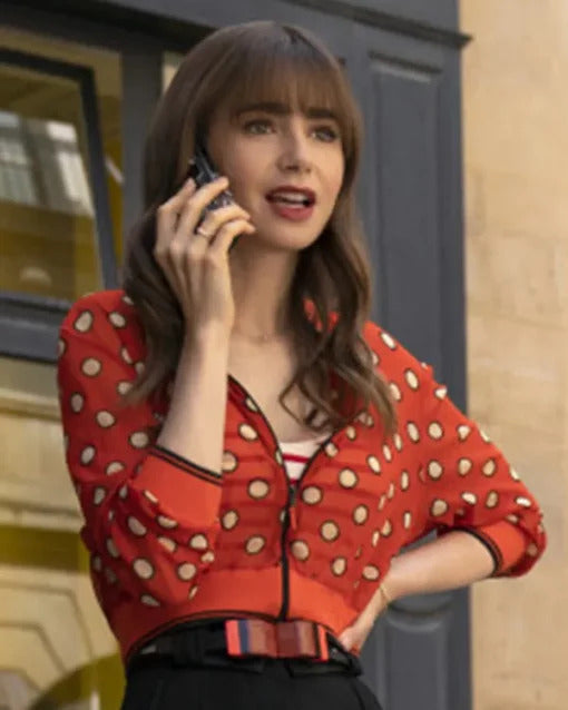 Emily In Paris S03 Emily Cooper Red Dotted Cropped Jacket