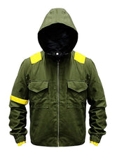 Green jacket with yellow accents on a white background