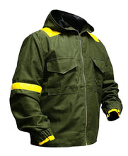 Green jacket with yellow accents on a white background