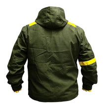 Green jacket with yellow accents on a white background