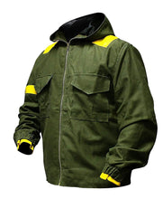 Green jacket with yellow accents on a white background
