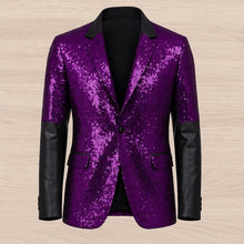 Purple sequin blazer with black leather sleeves on a beige background