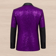 Purple sequin jacket with black sleeves on a beige background