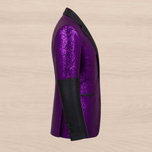 Purple sequin jacket with black lapels on a beige background