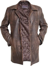 Brown leather coat with intricate patterned lining on a white background
