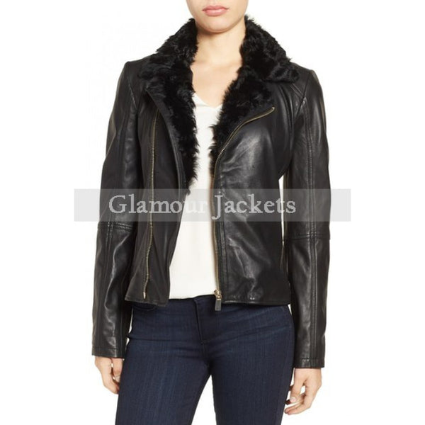 Irina' Leather Moto Jacket with Genuine Shearling Collar