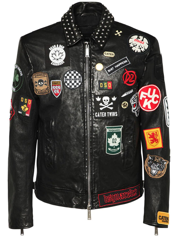 Men's Biker Leather Jackets with Studs and Patches 