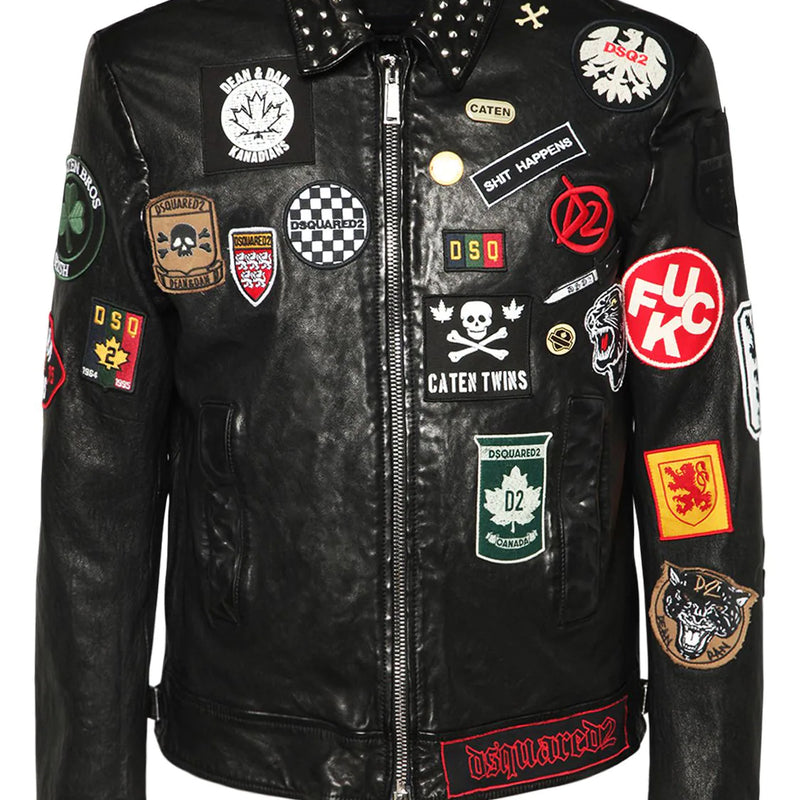 Men's Biker Leather Jackets with Studs and Patches 