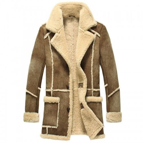 Men Designer Fur Shearling Sheepskin Coat ( Brown )