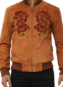 Men's Brown Suede Leather Jacket with Dragon Patches