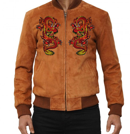 Men's Brown Suede Leather Jacket with Dragon Patches