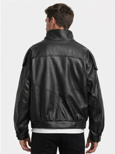 Black Funnel Collar Leather Jacket – Premium Textured Finish | Men & Women