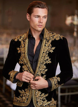 Men's Bullion Embroidery Black Velvet Coat