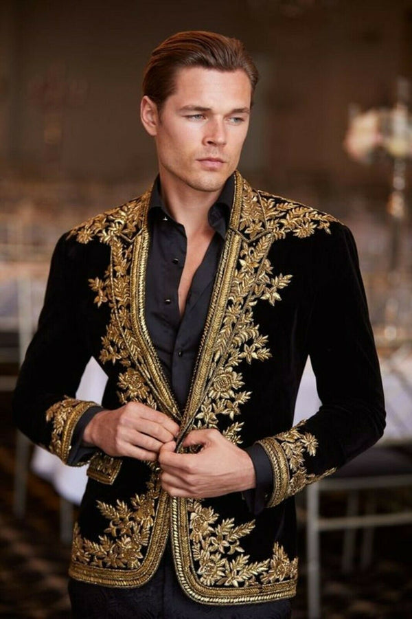 Men's Bullion Embroidery Black Velvet Coat