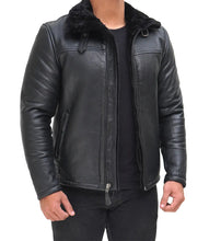 Black Real Leather Mens Shearling Bomber Jacket