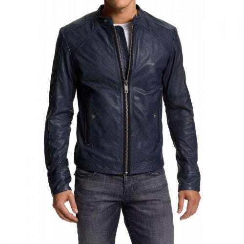 Blue Leather Front Zipper Jacket