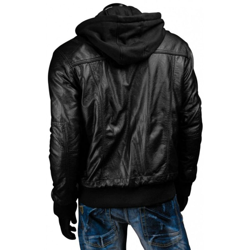 Mens Slim Fit Black Leather Jacket with Hood