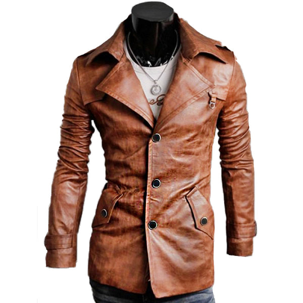 Slim-Fit Notched Collar Design Leather Jacket