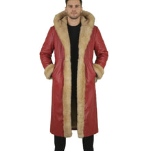 Red leather coat with beige fur trim worn by a person on a white background