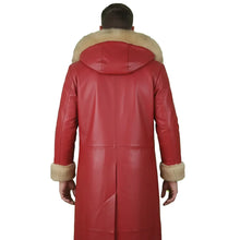 Red leather coat with beige fur trim on a white background