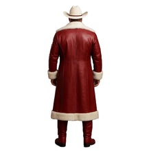Red leather coat with white fur trim worn by a person on a white background
