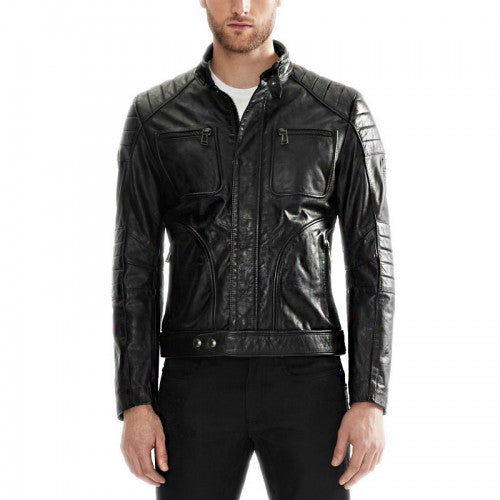 Chest Pocket Black Leather Jacket