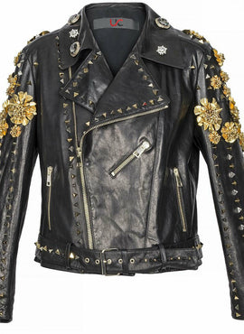 Women Black Biker Embroidered Jacket