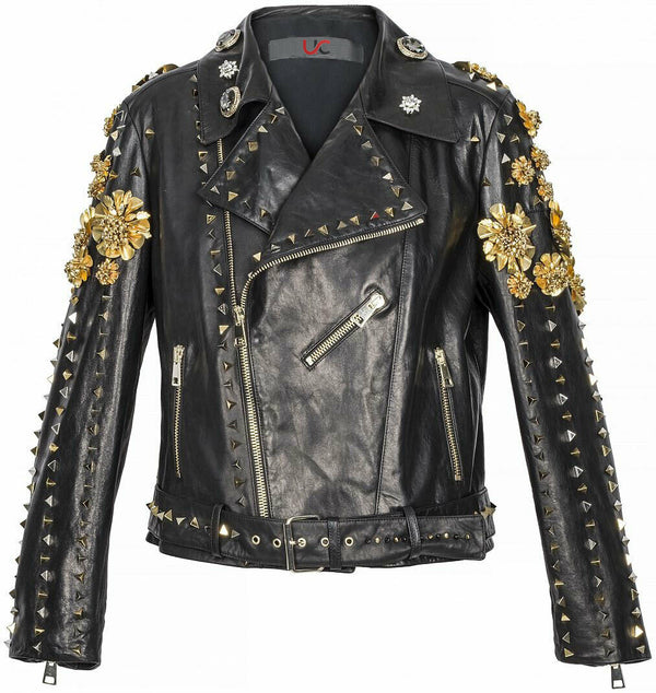 Women Black Biker Embroidered Jacket