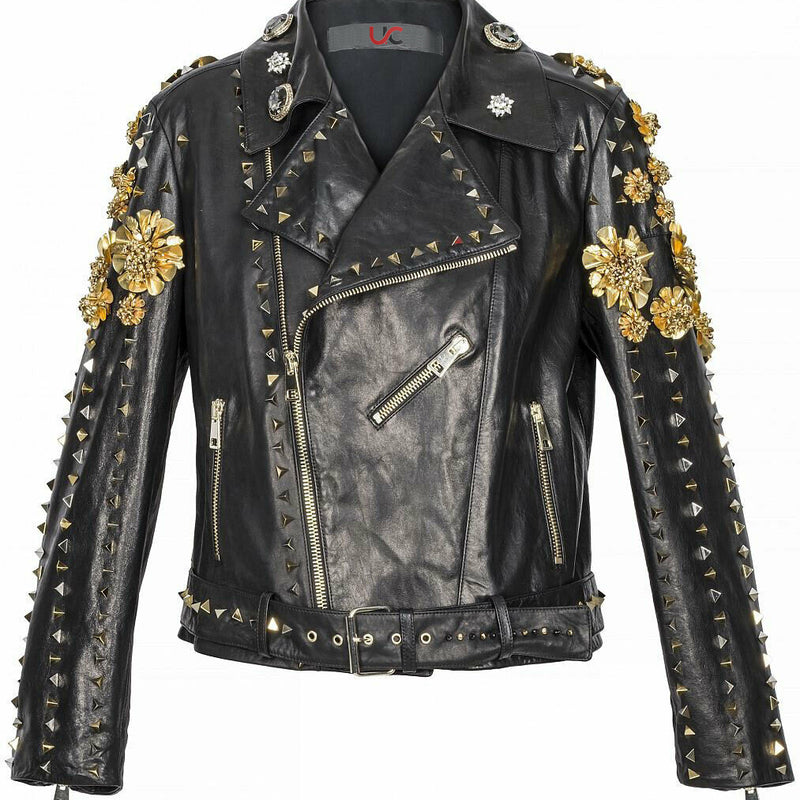 Women Black Biker Embroidered Jacket