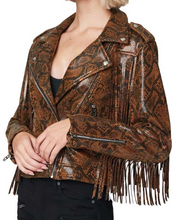 Womens Snake Skin Fringe Leather Jacket