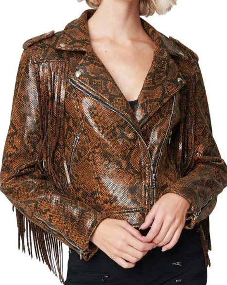 Womens Snake Skin Fringe Leather Jacket