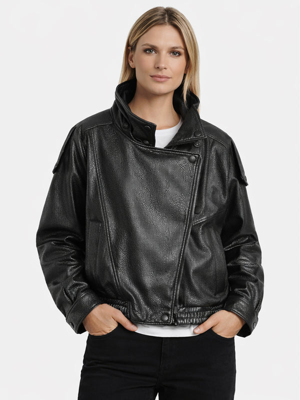 Black Funnel Collar Leather Jacket – Premium Textured Finish | Men & Women